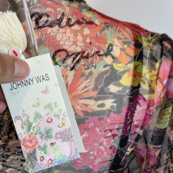NWT Johnny Was Floral Embroidered Nylon Dress Maxi Sheer Overlay Bohemian Sz S - Picture 11 of 13